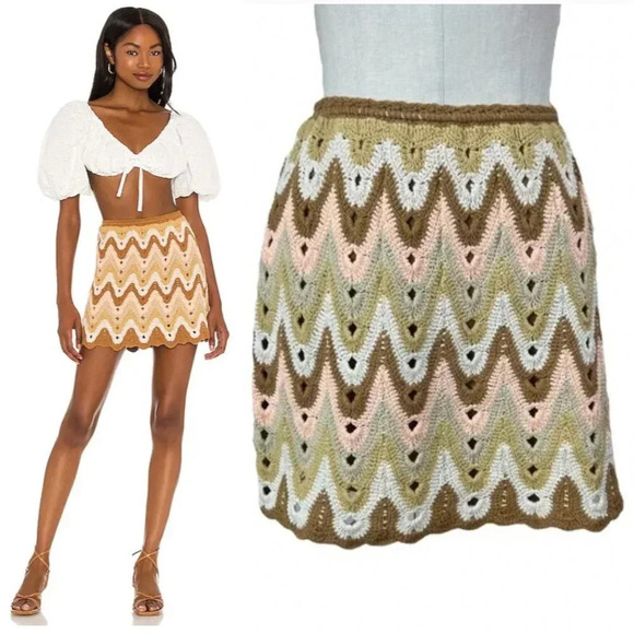 Free People Heat of the Moment Cotton‎ Crochet Mini Skirt Tan Peach Size Large
